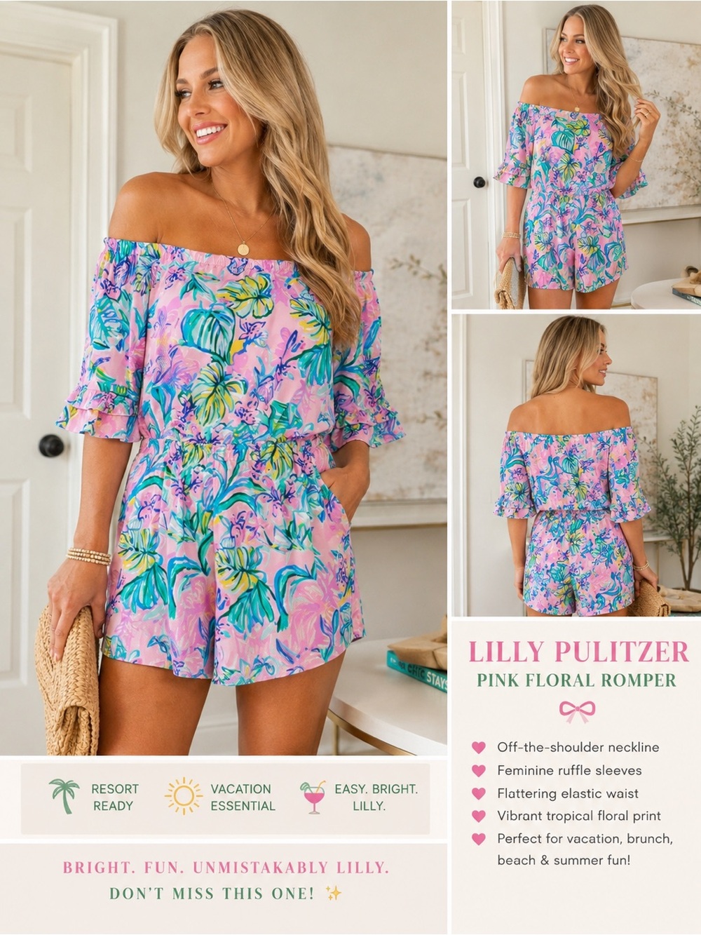 Lilly Pulitzer Pink Tropical Floral Off-the-Shoulder Romper/Jumpsuit - Picture 2 of 2